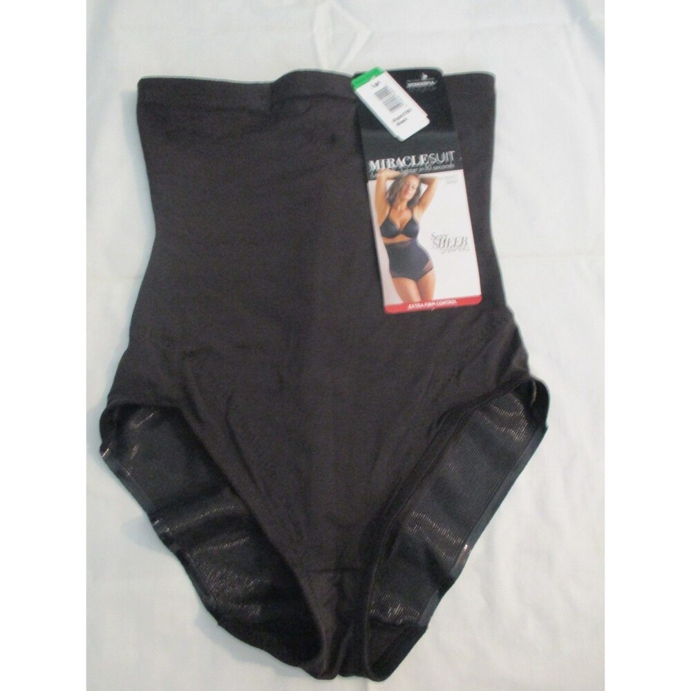 Miraclesuit Sz L Extra Firm Tummy-Control Sheer Trim High-Waist Brief 2785 Black